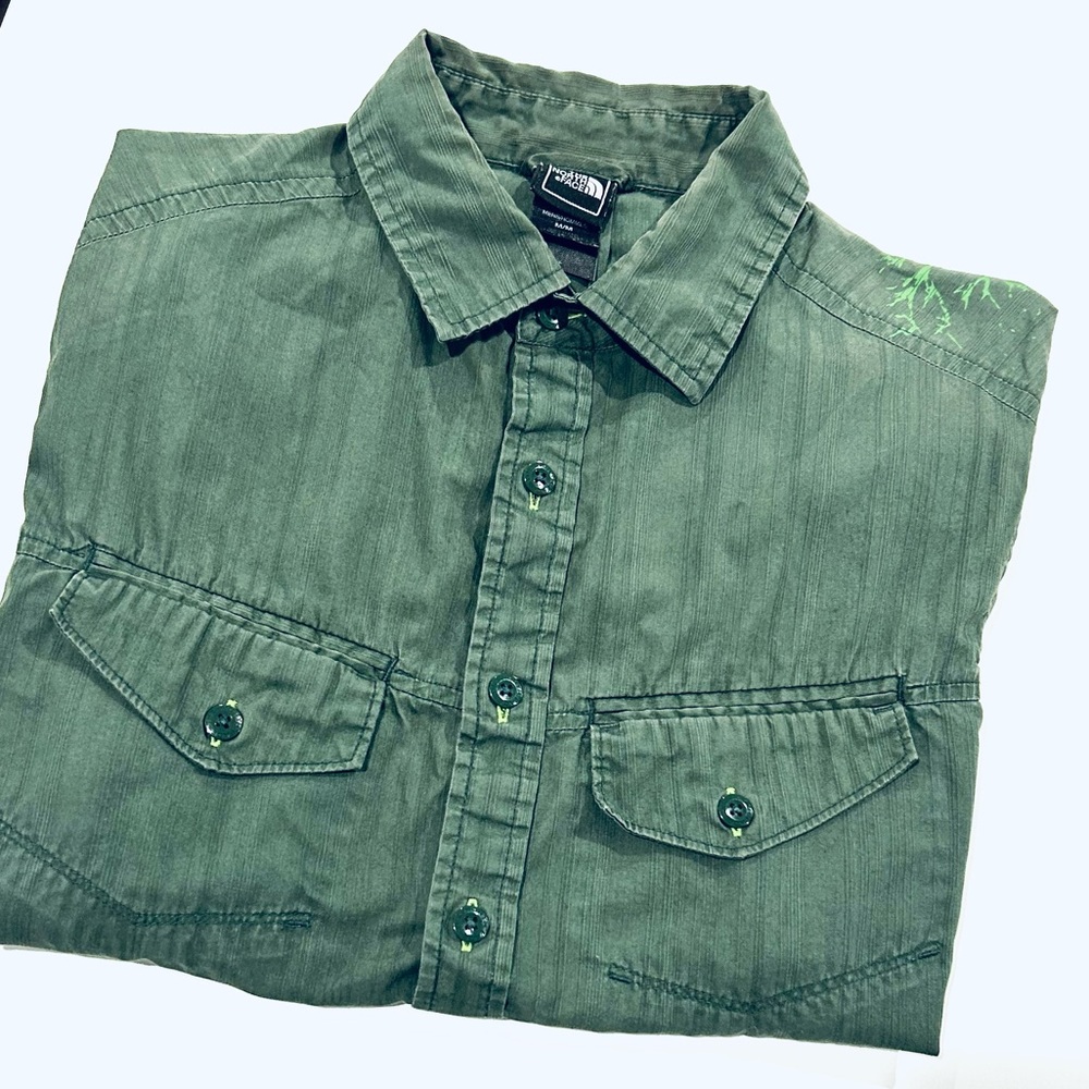 North Face Green Short Sleeve Button Down Double Front Picket Shirt Medium